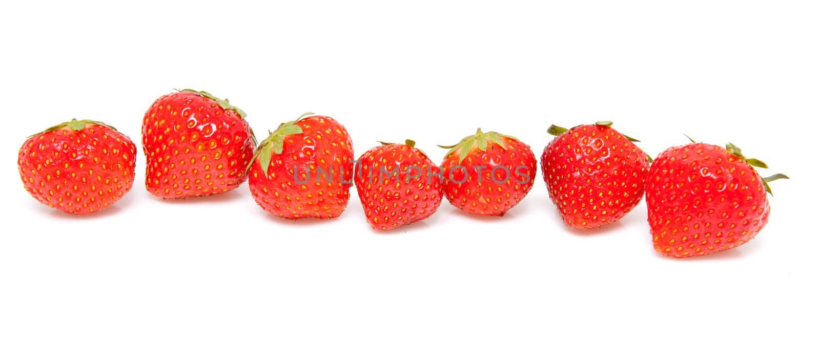 fresh strawberries in a row over white background