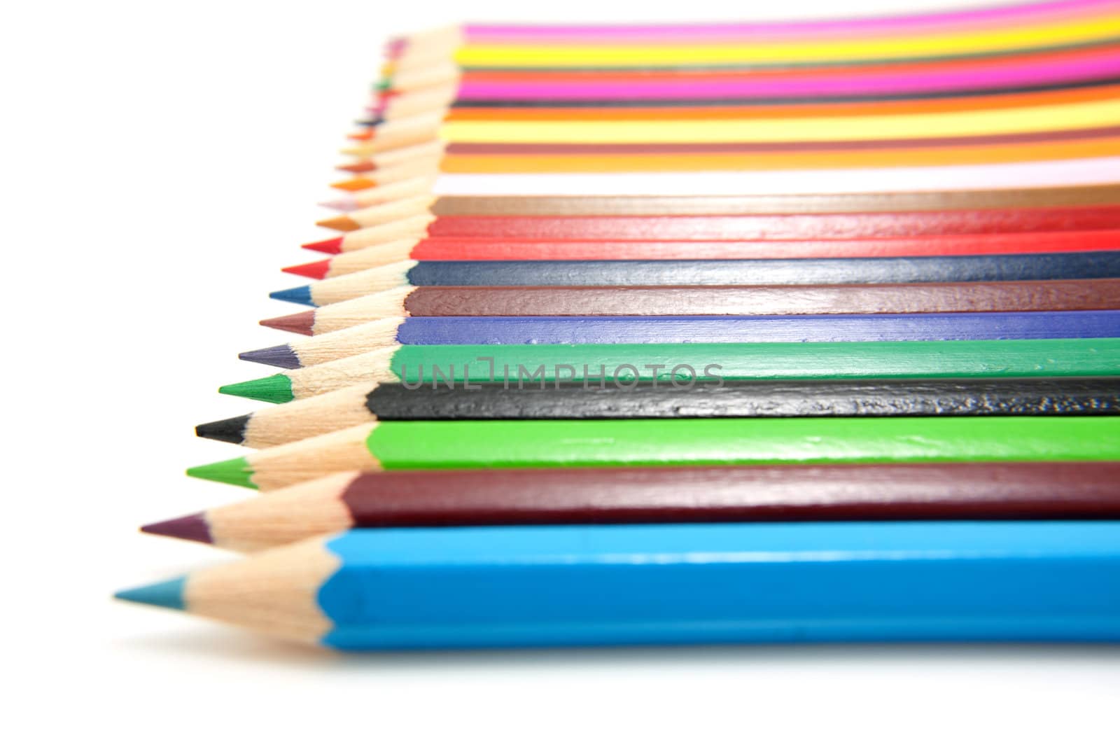 colored pencils in a row over white background