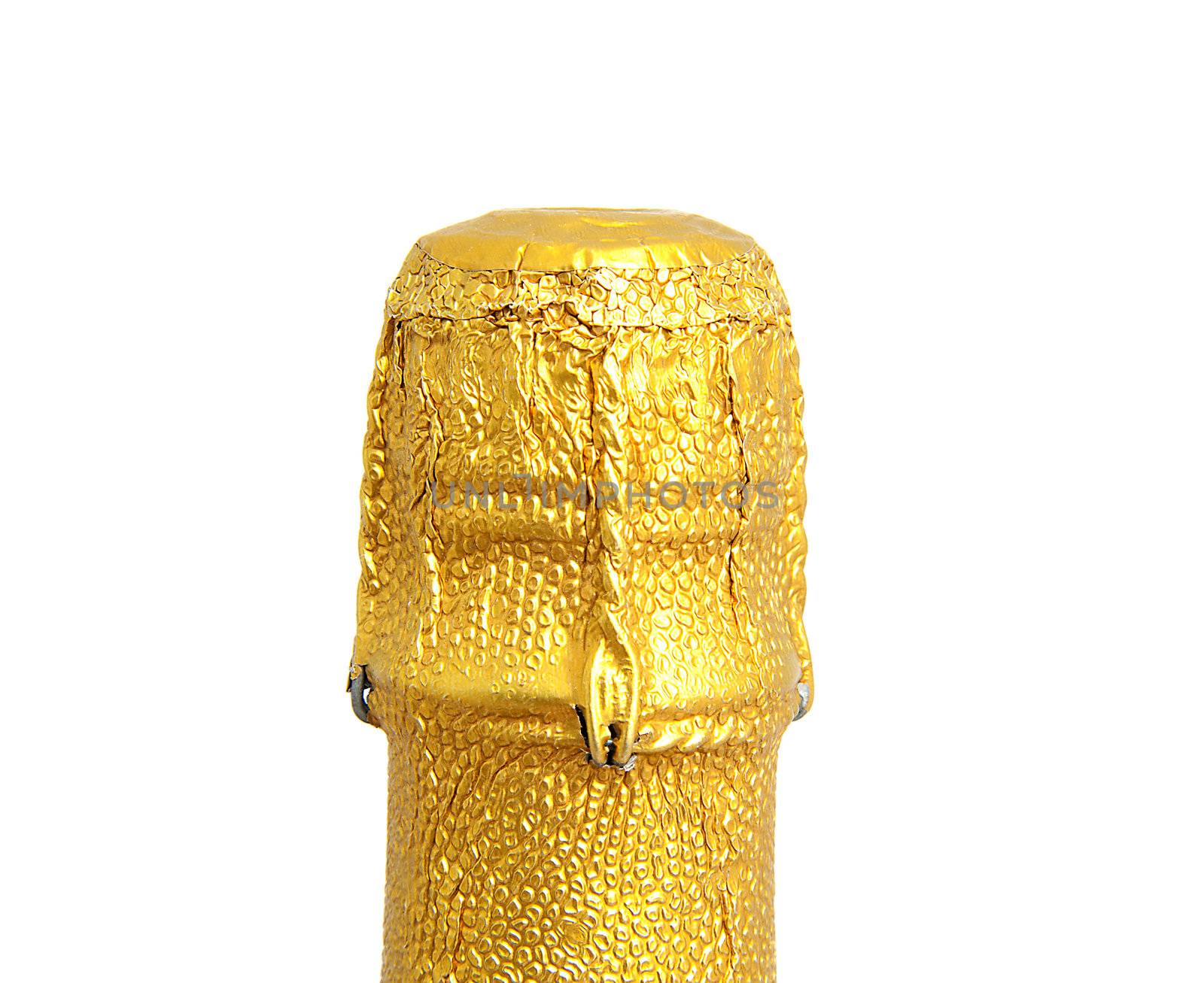 Neck of closed champagne bottle packed in golden paper over white background