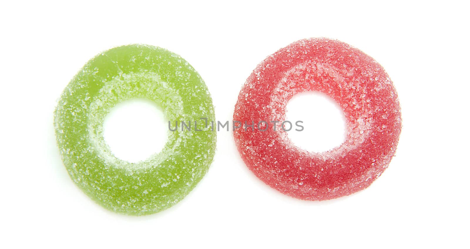 two colorful round sugared candy isolated on white background