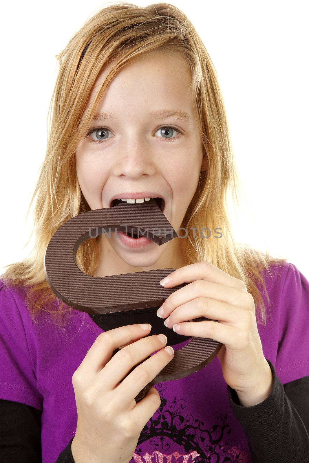 Girl with big chocolate letter for Sinterklaas, traditional in the netherlands, over white background