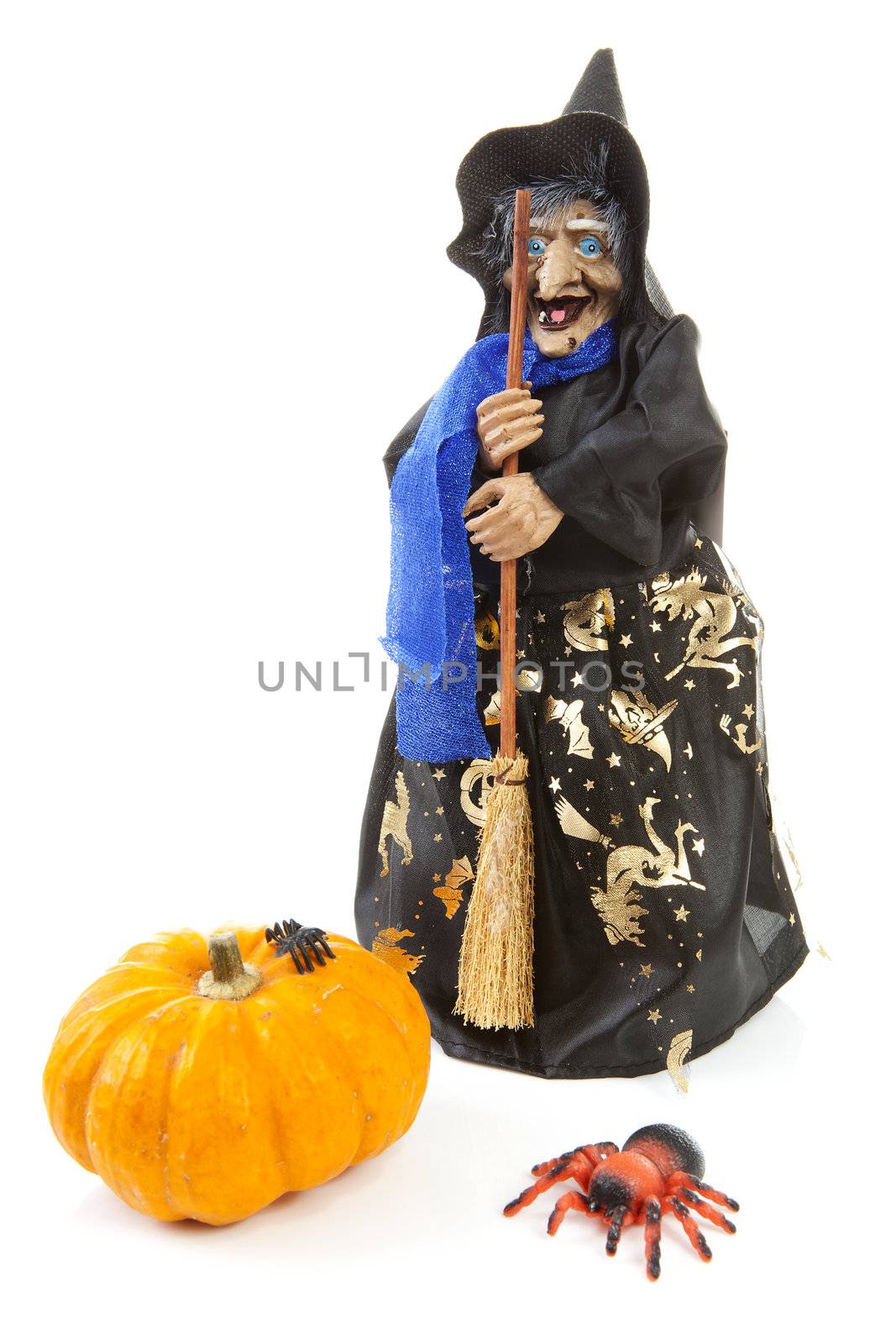 witch doll for halloween with pumpkin and spider over white background