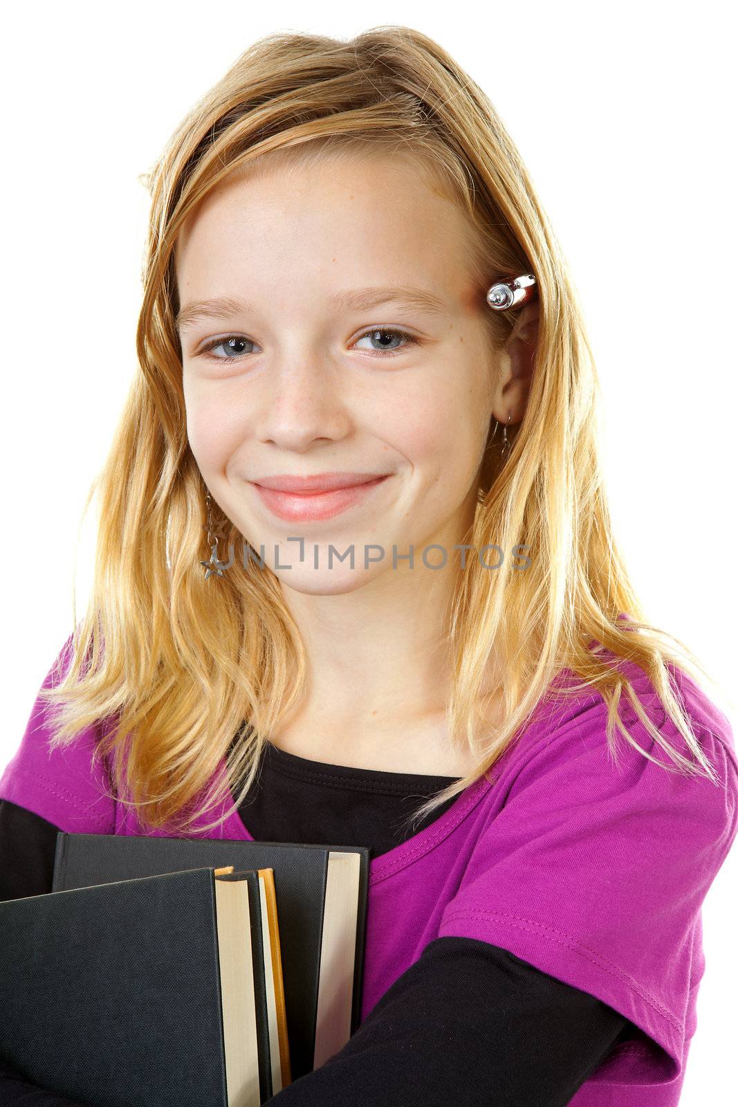 young girl carry books over white background