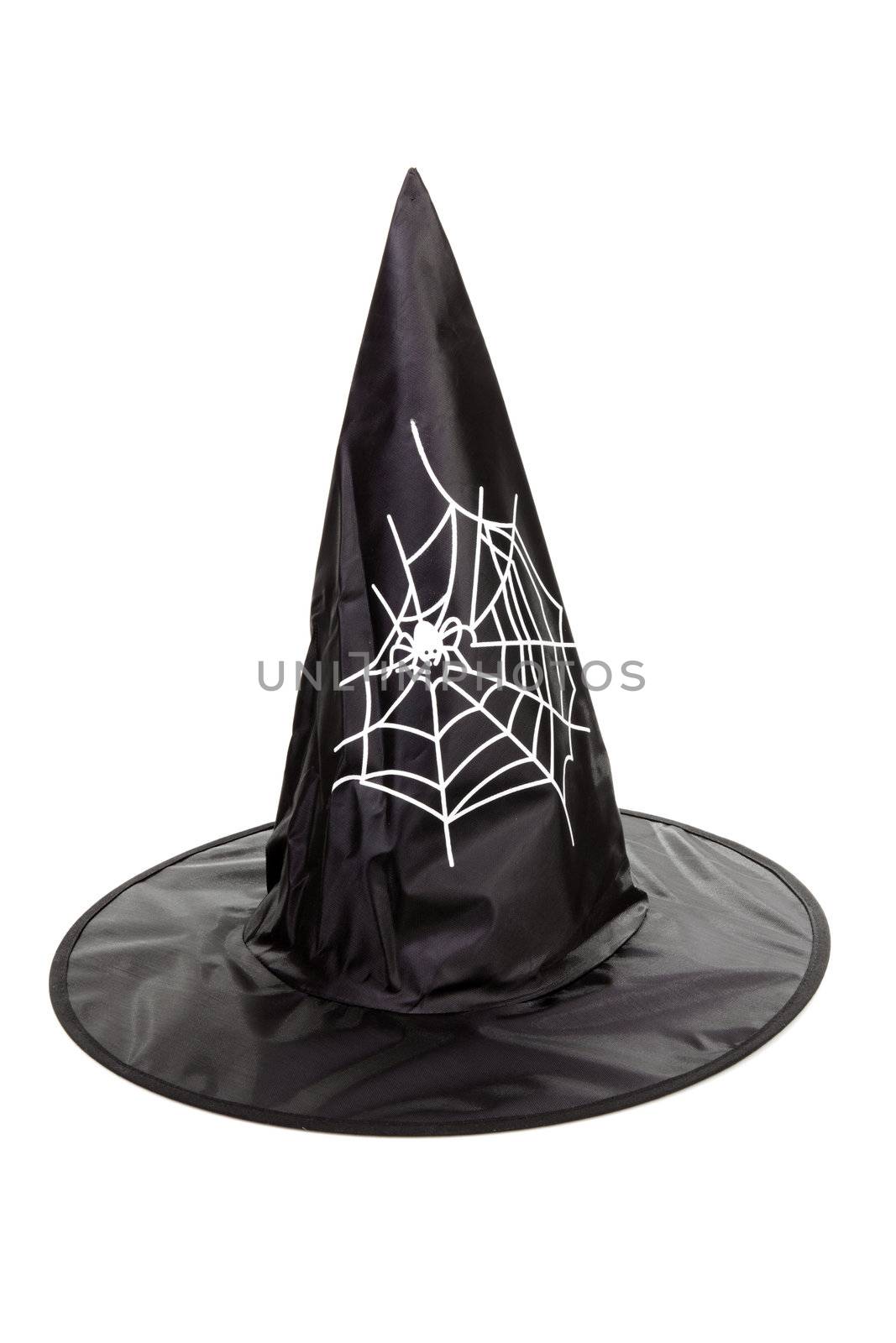 Black fabric witch hat for Halloween, isolated on white background 