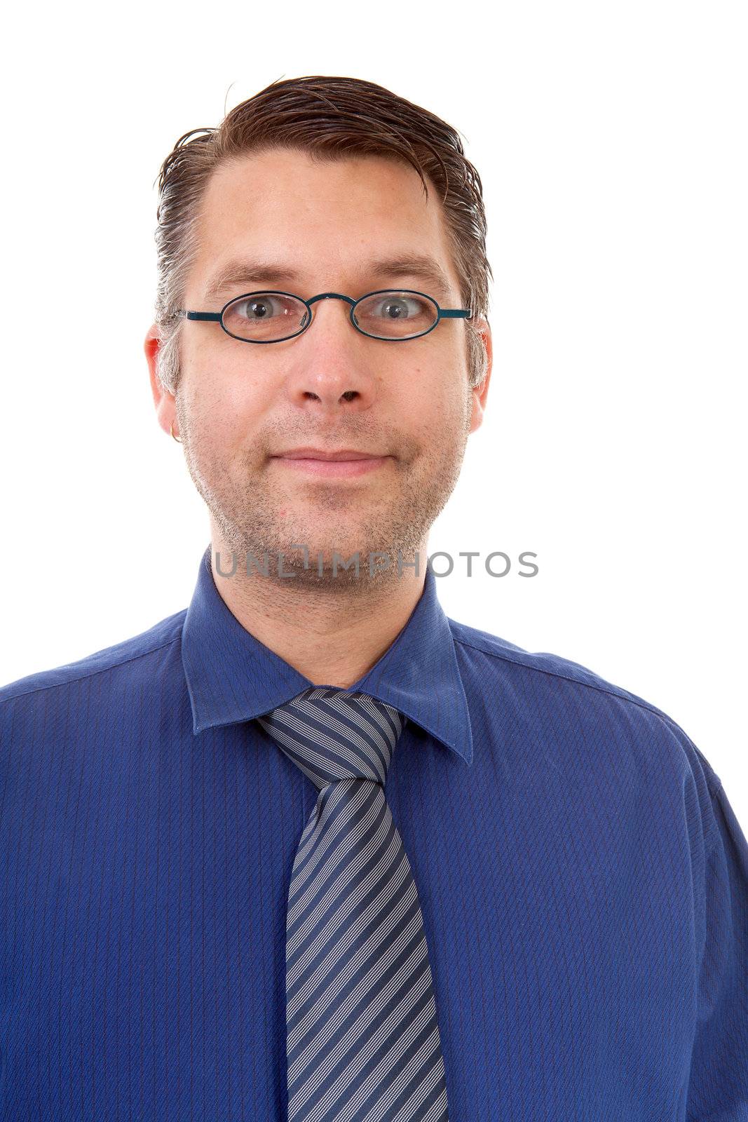 portait of male nerdy geek over white background