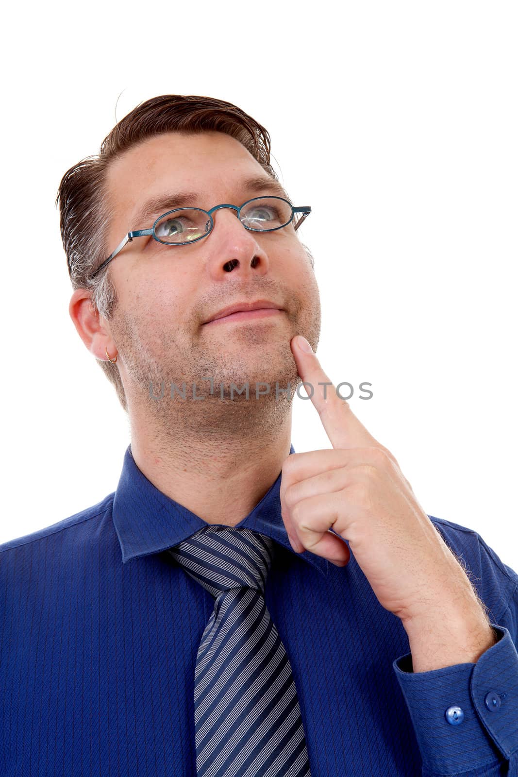 portrait of male nerdy geek thinking over white background