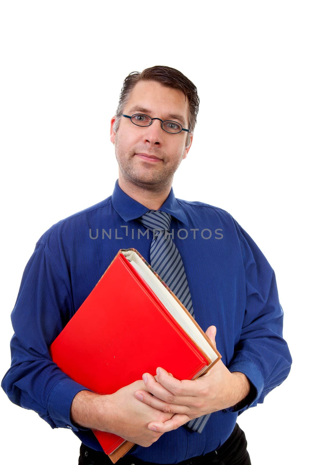 male nerdy geek carry books over white background