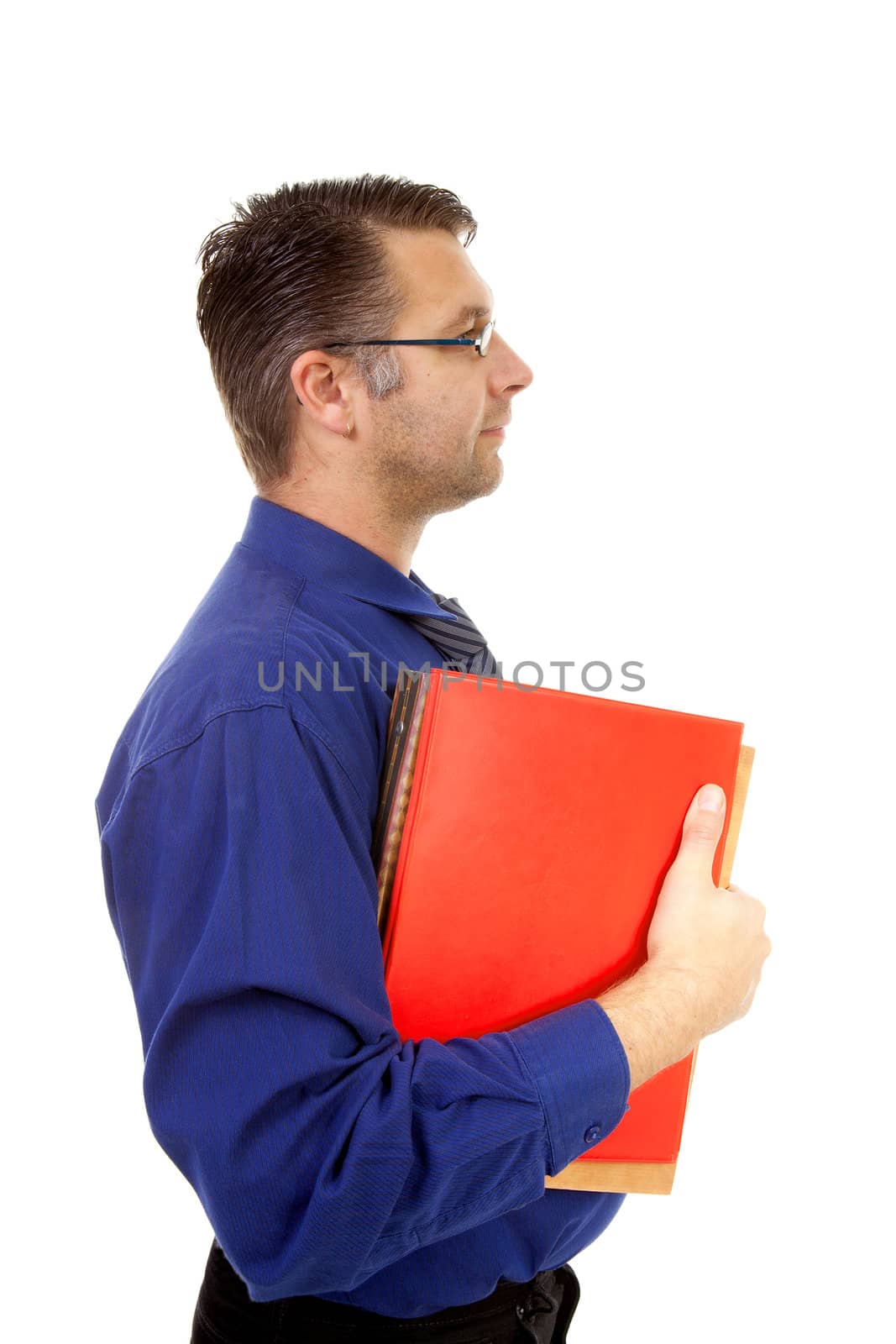male nerdy geek carry books over white background
