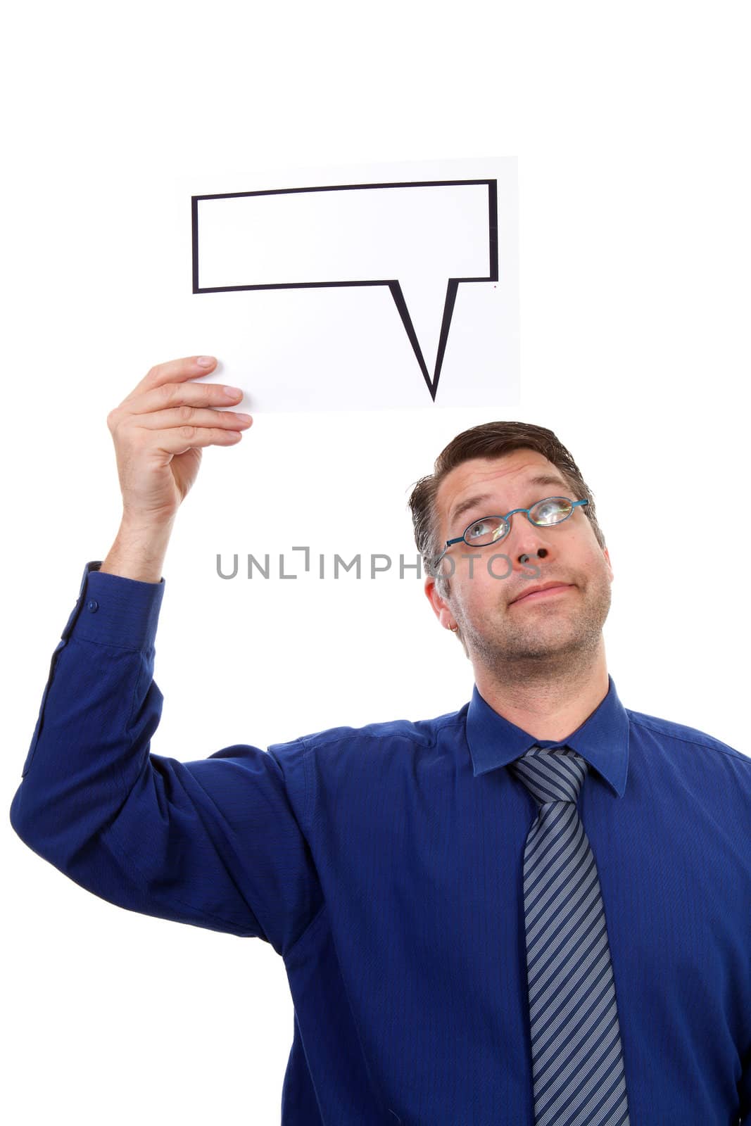 geek nerd is holding text balloon over white background