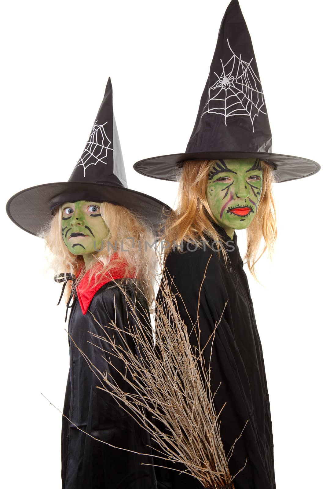 two green halloween witches in closeup over white background