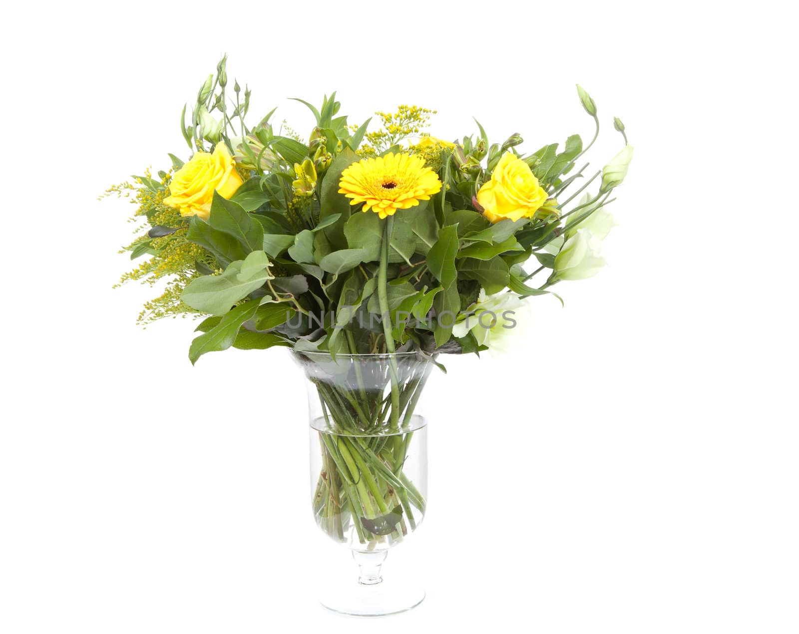 Bouquet of yellow flowers in vase over white background