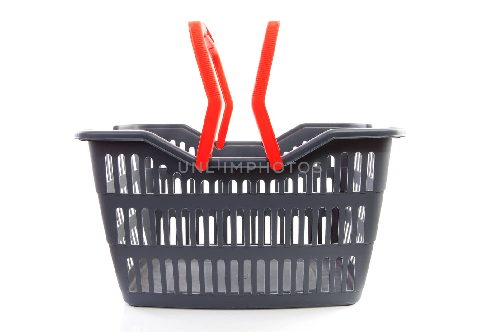 empty grey shopping basket with red handles isolated on white background