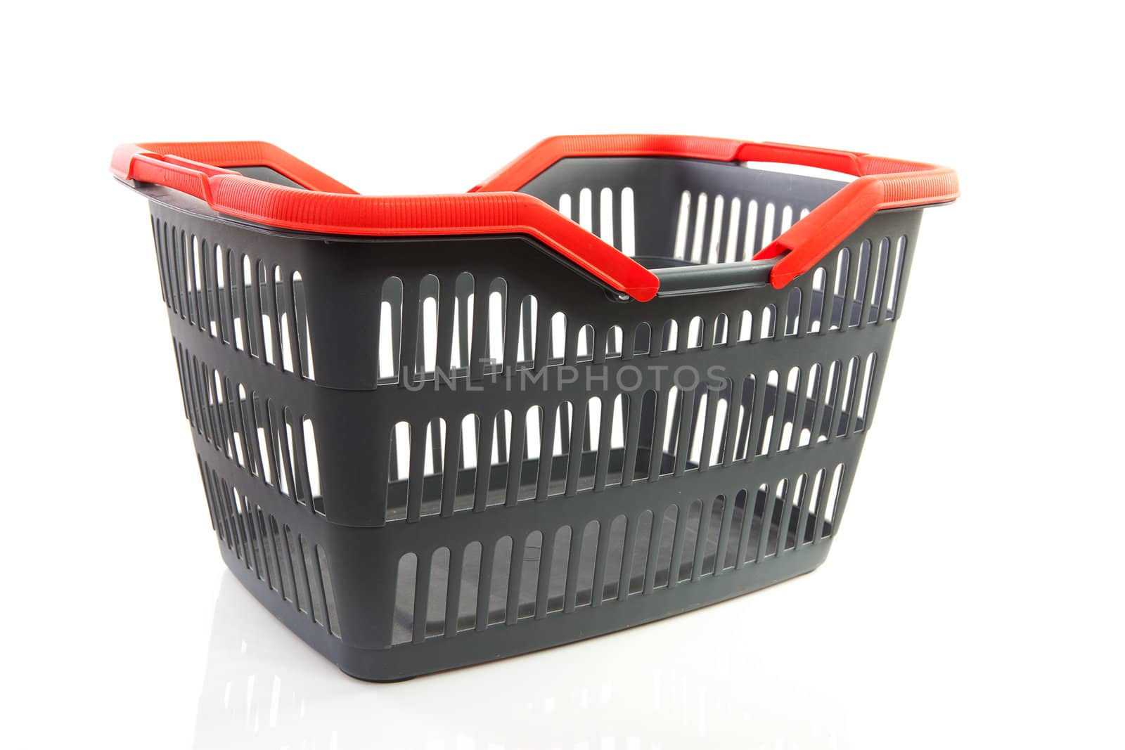 empty grey shopping basket with red handles isolated on white background