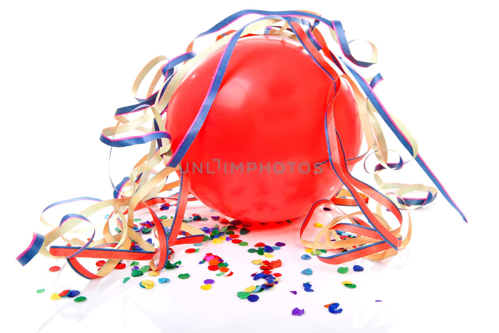 red party balloon, confetti and streamers over white background