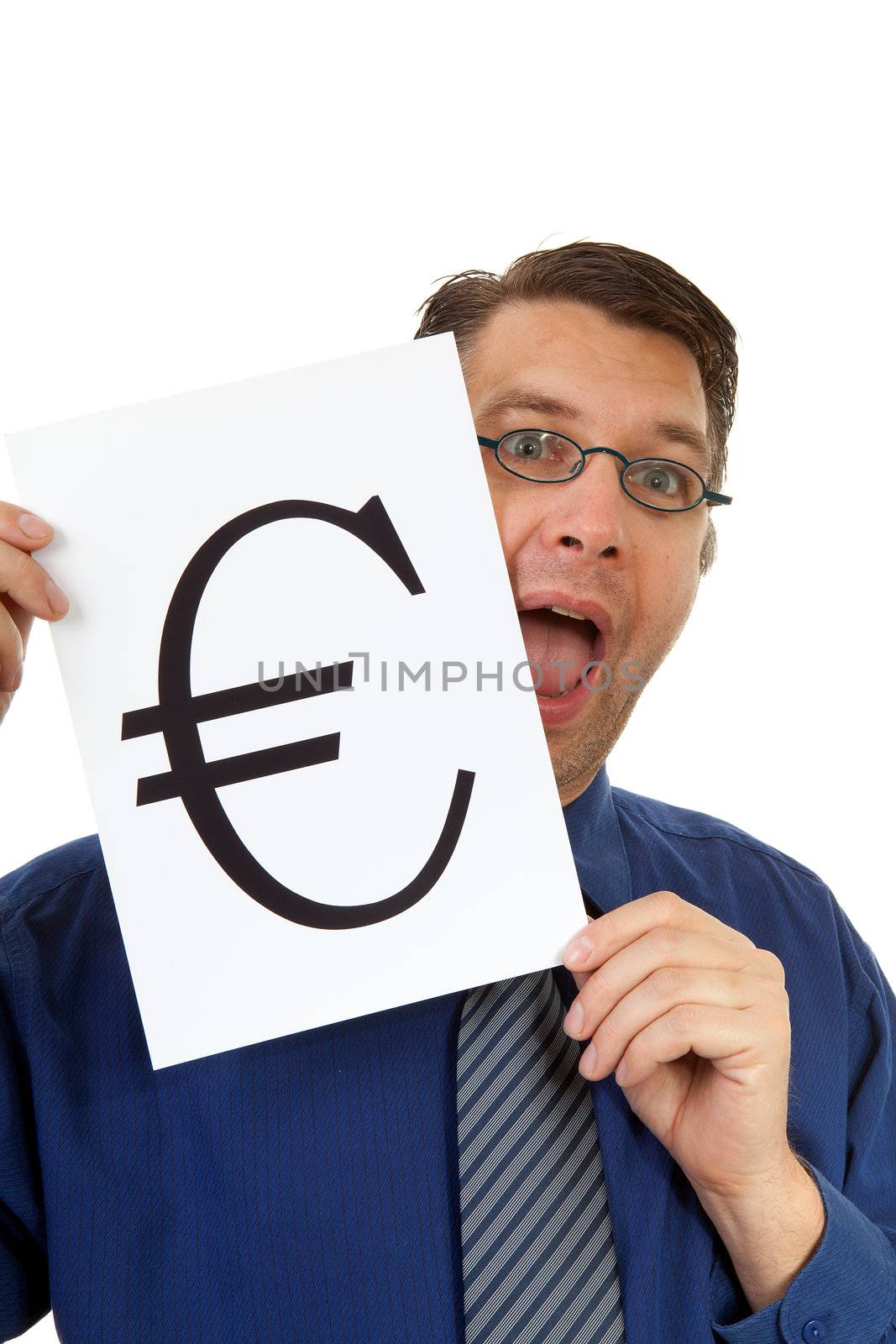 nerdy geek is holding board with euro sign over white background