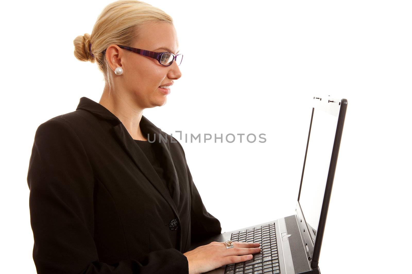 busy blonde businesswoman with laptop over white background