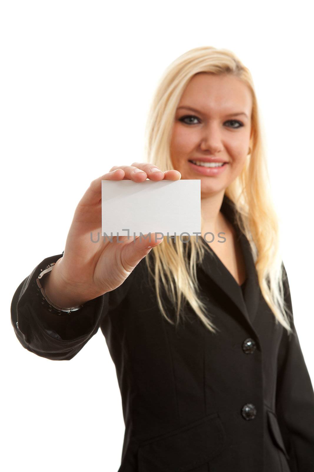 businesswoman is holding empty business card over white background, woman is blurred