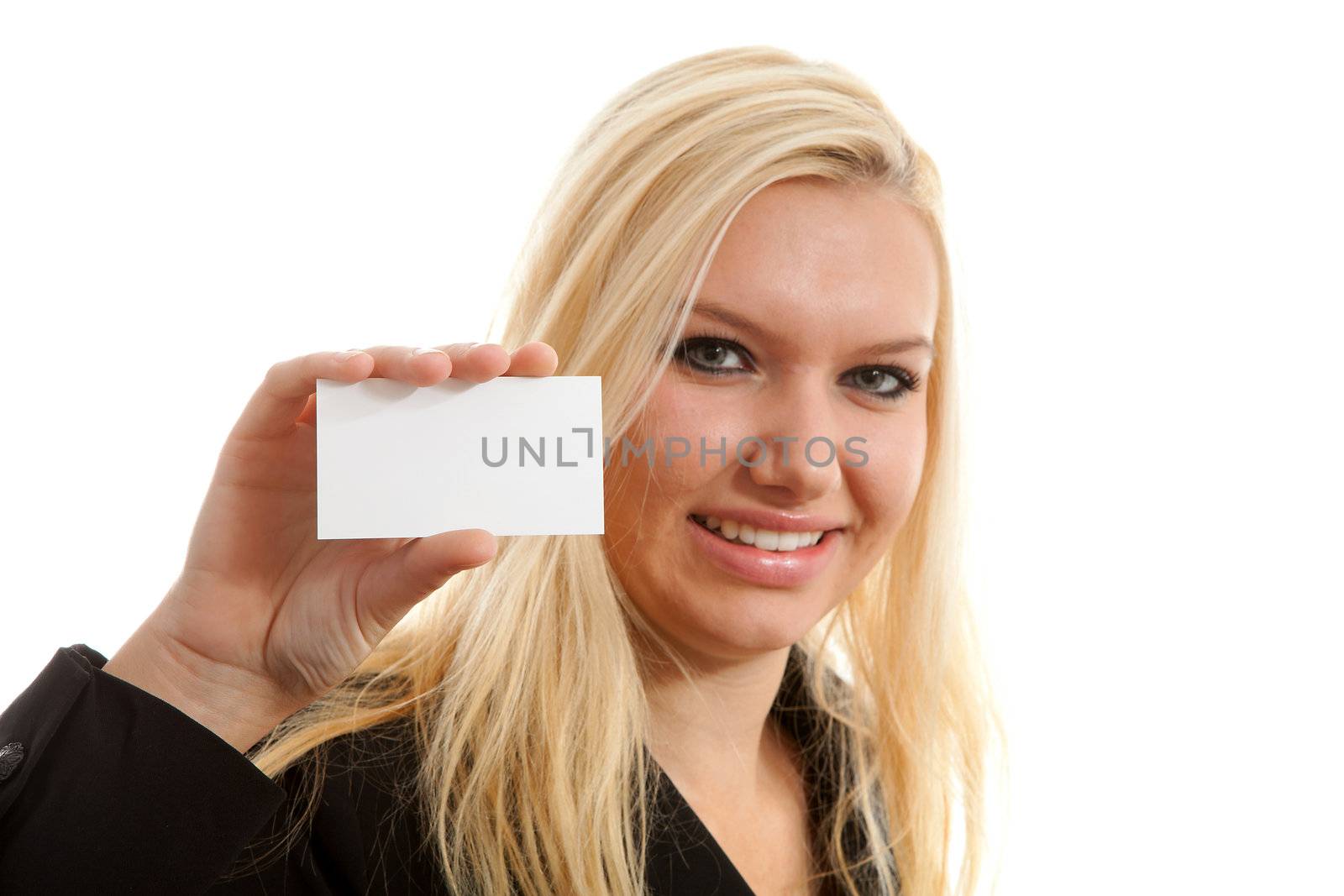 businesswoman is holding empty business card over white background, woman is blurred