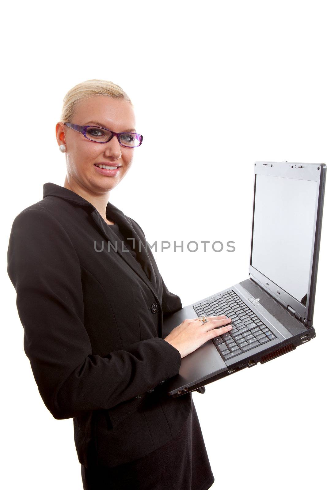 busy blonde secretary with laptop over white background
