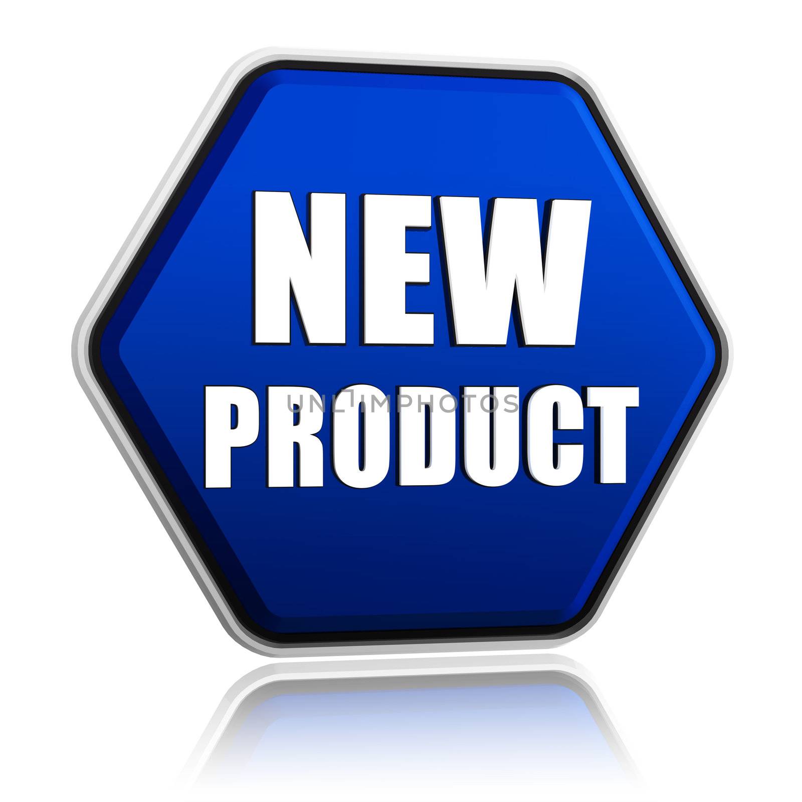 new product button - 3d blue hexagon banner with white text, business concept