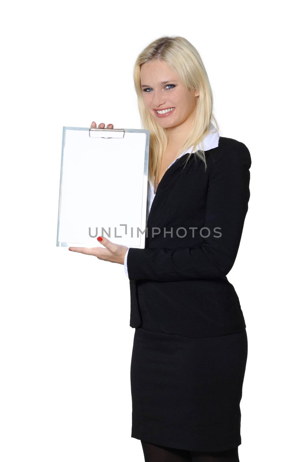 Business woman showing copy space isolated on white