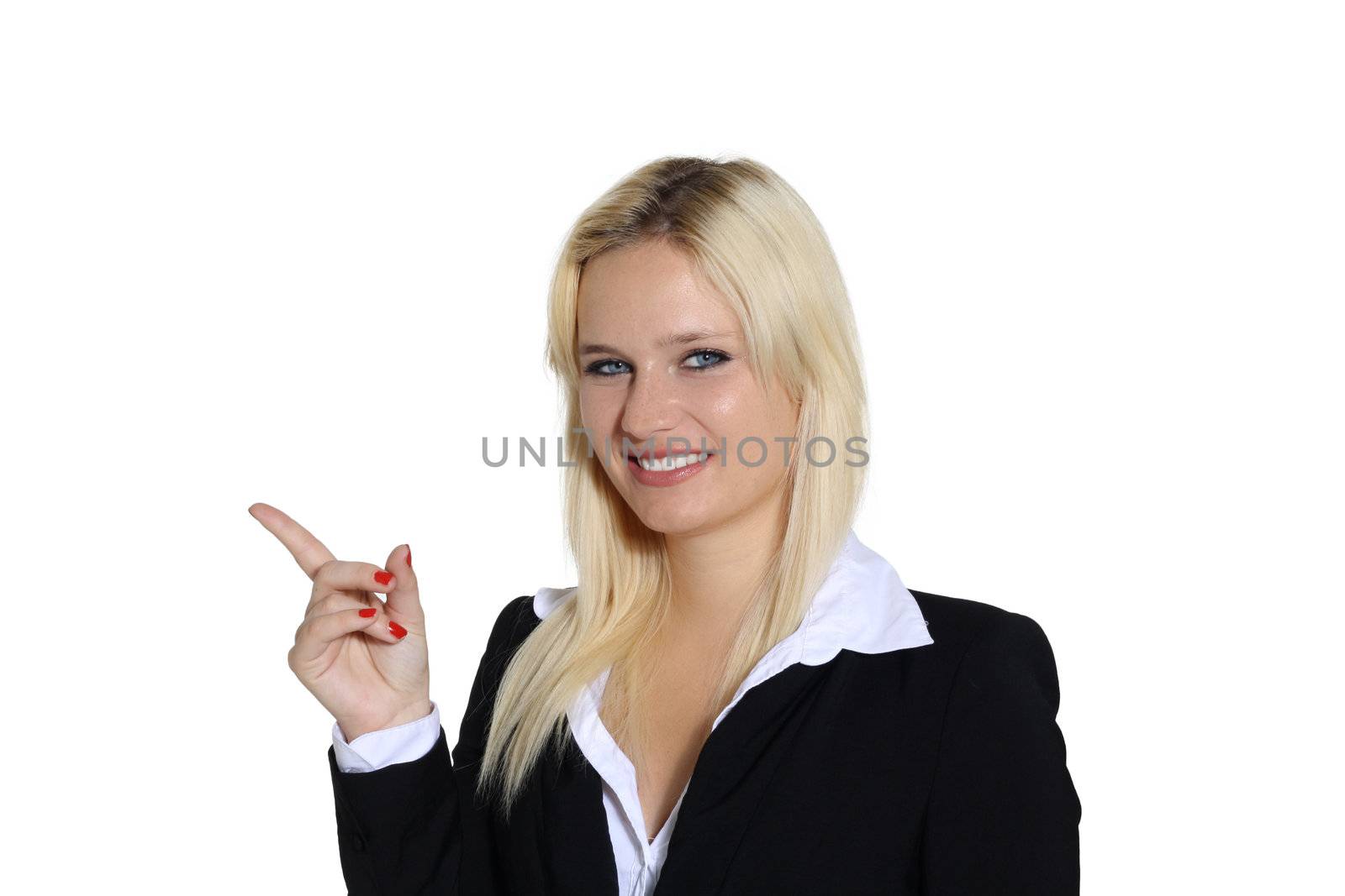 Business woman showing copy space isolated on white