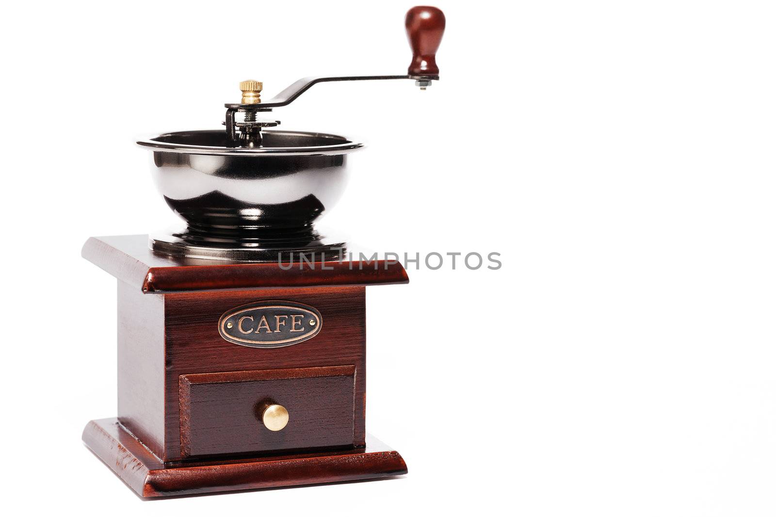 brown vintage coffee grinder on white background