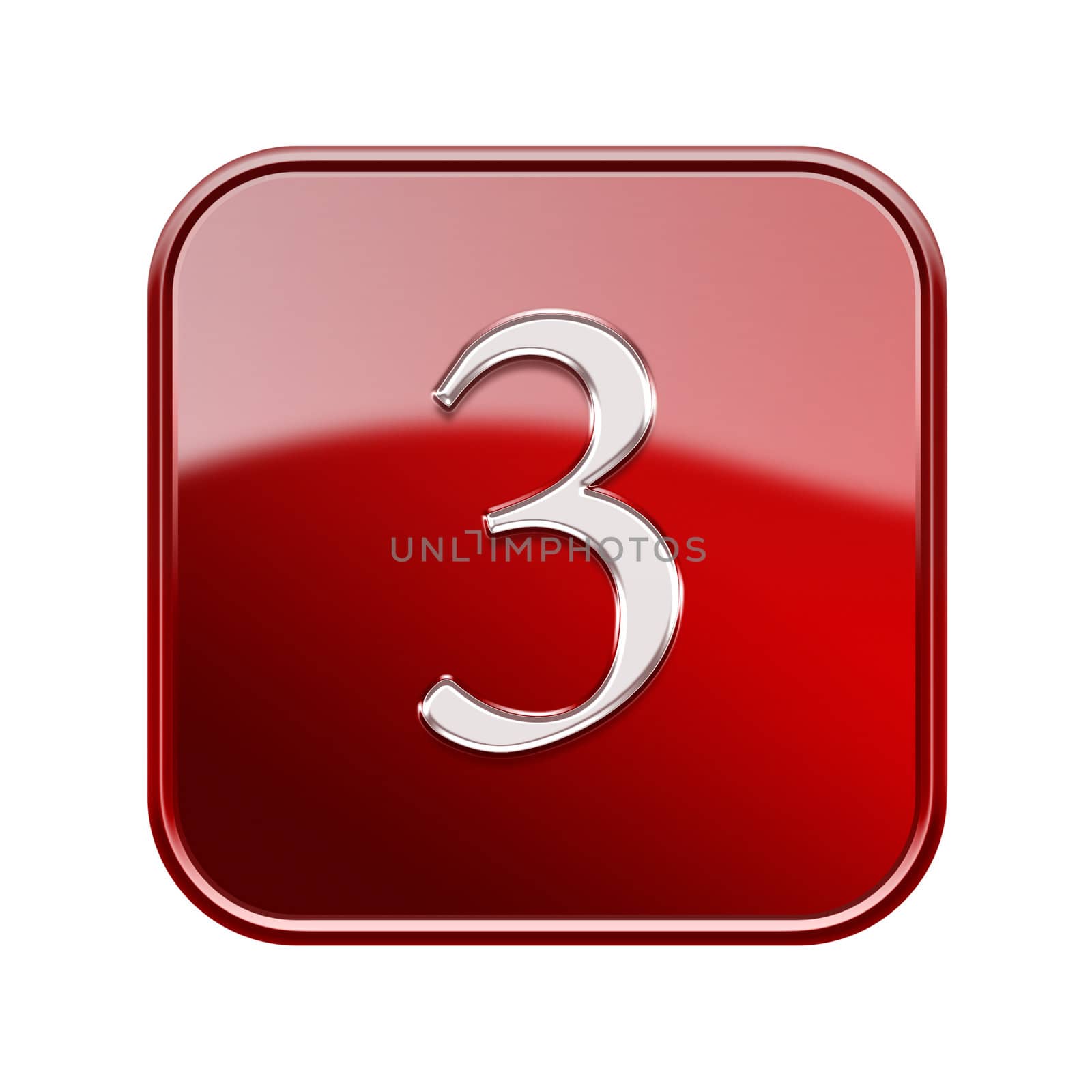 Number three red glossy, isolated on white background