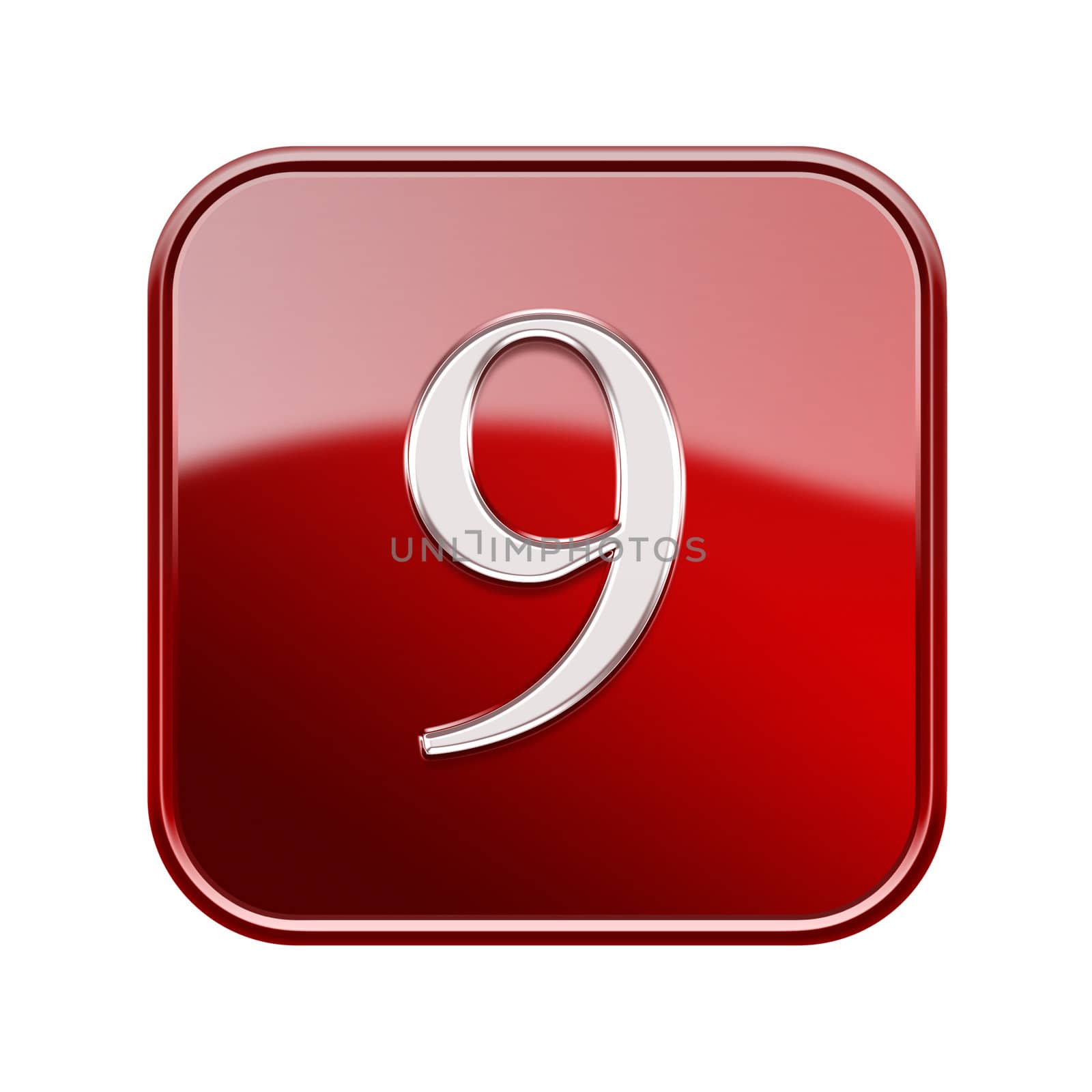 Number nine red glossy, isolated on white background