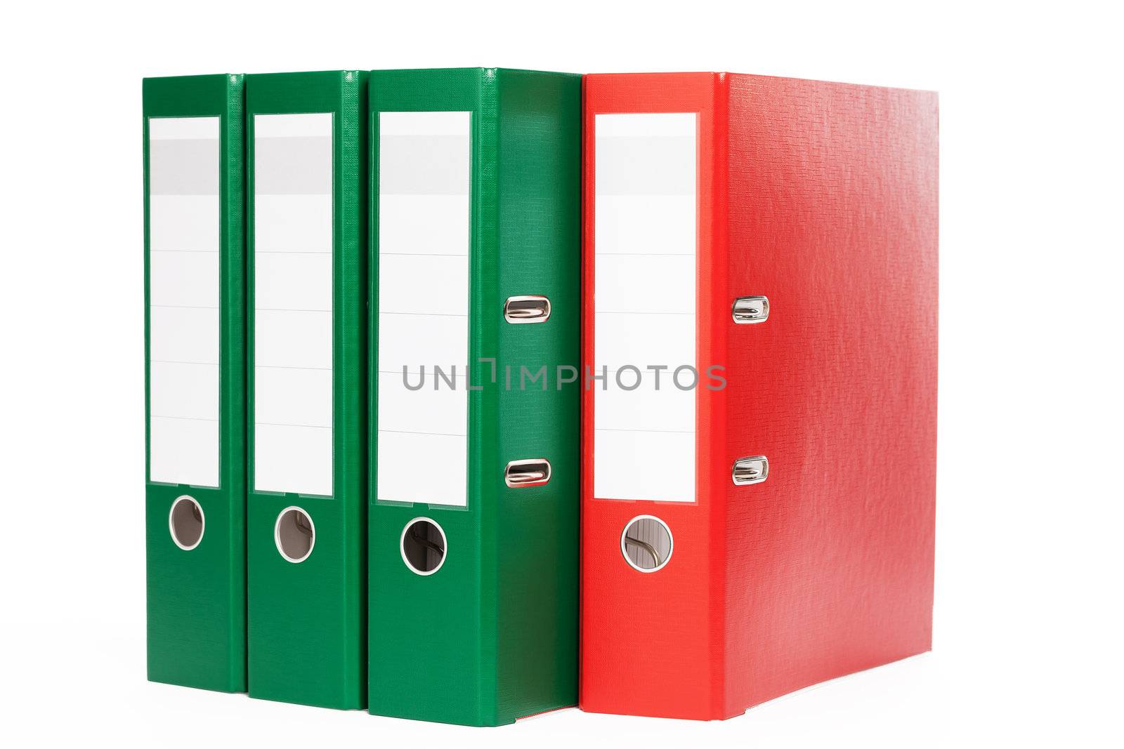 three green and one red ring binders on white background