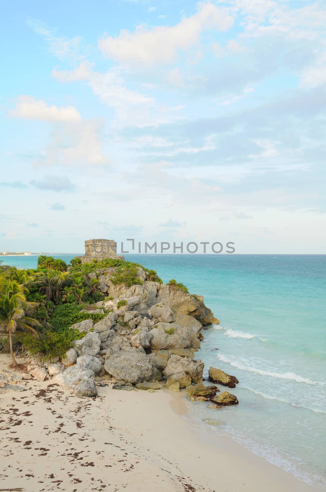 beach scene with maya temple in background by ftlaudgirl