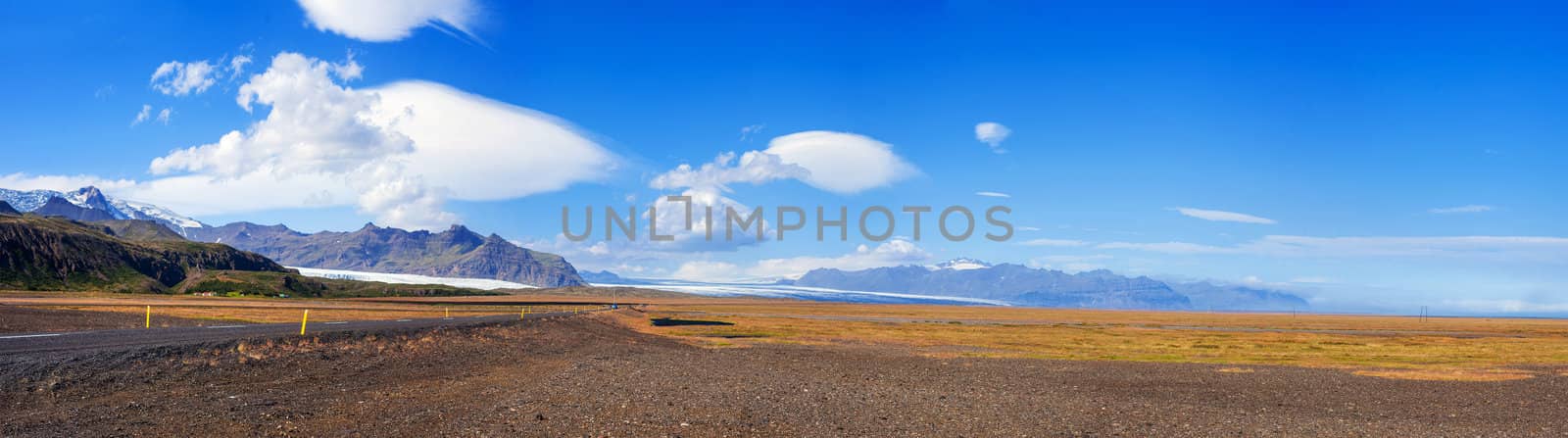 Panorama of the Vatnajokull Glacier Iceland. Shot during the summer this is the biggest glacier in Europe and is in the Skaftafell National Park.