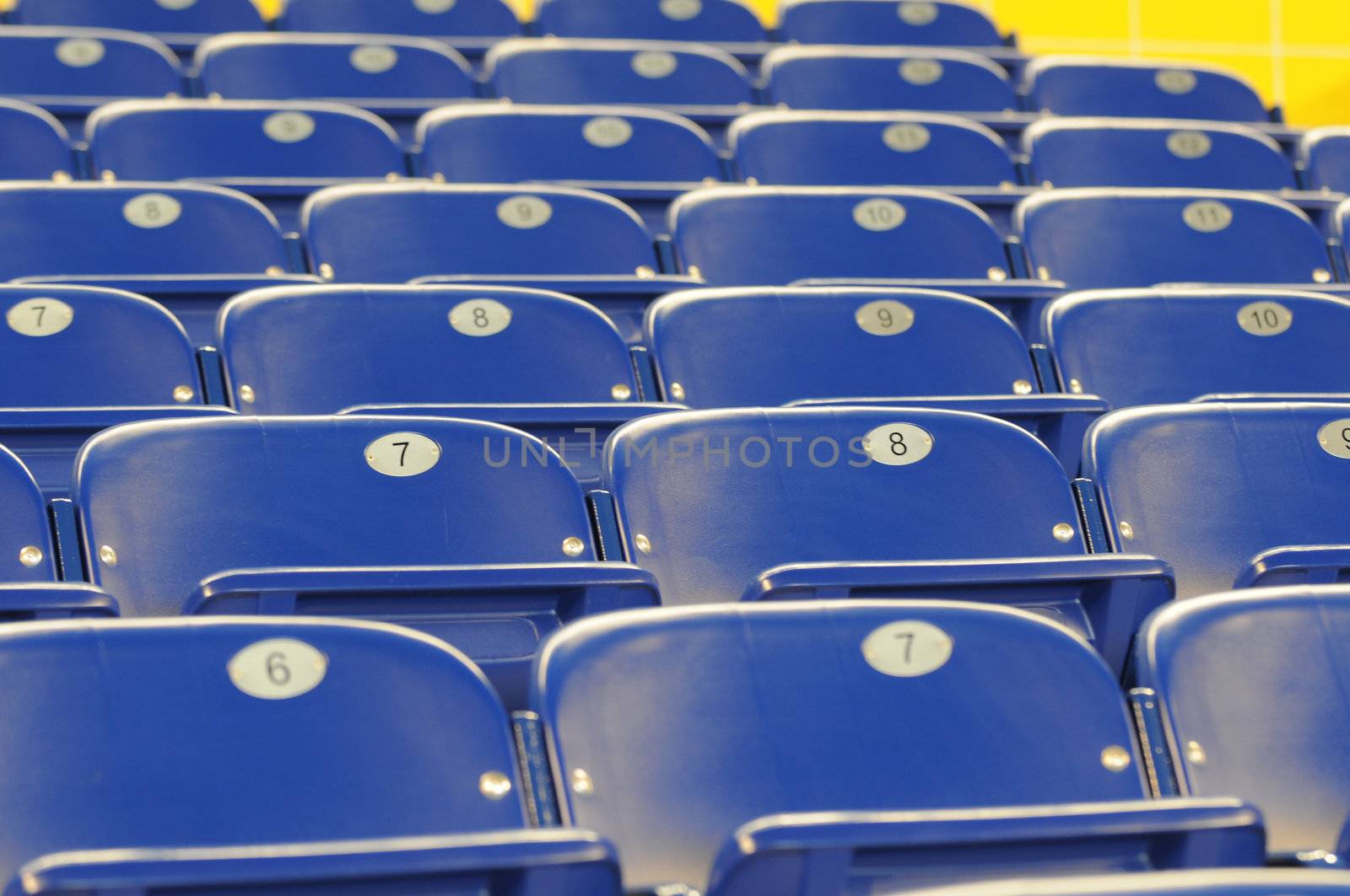 rows of blue chairs at sporst stadium
