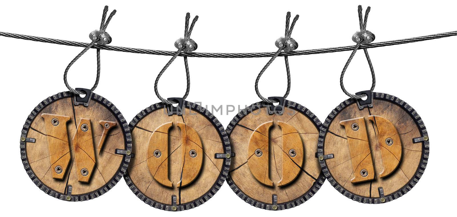 Written wood on four labels hanging on steel cable on white background
