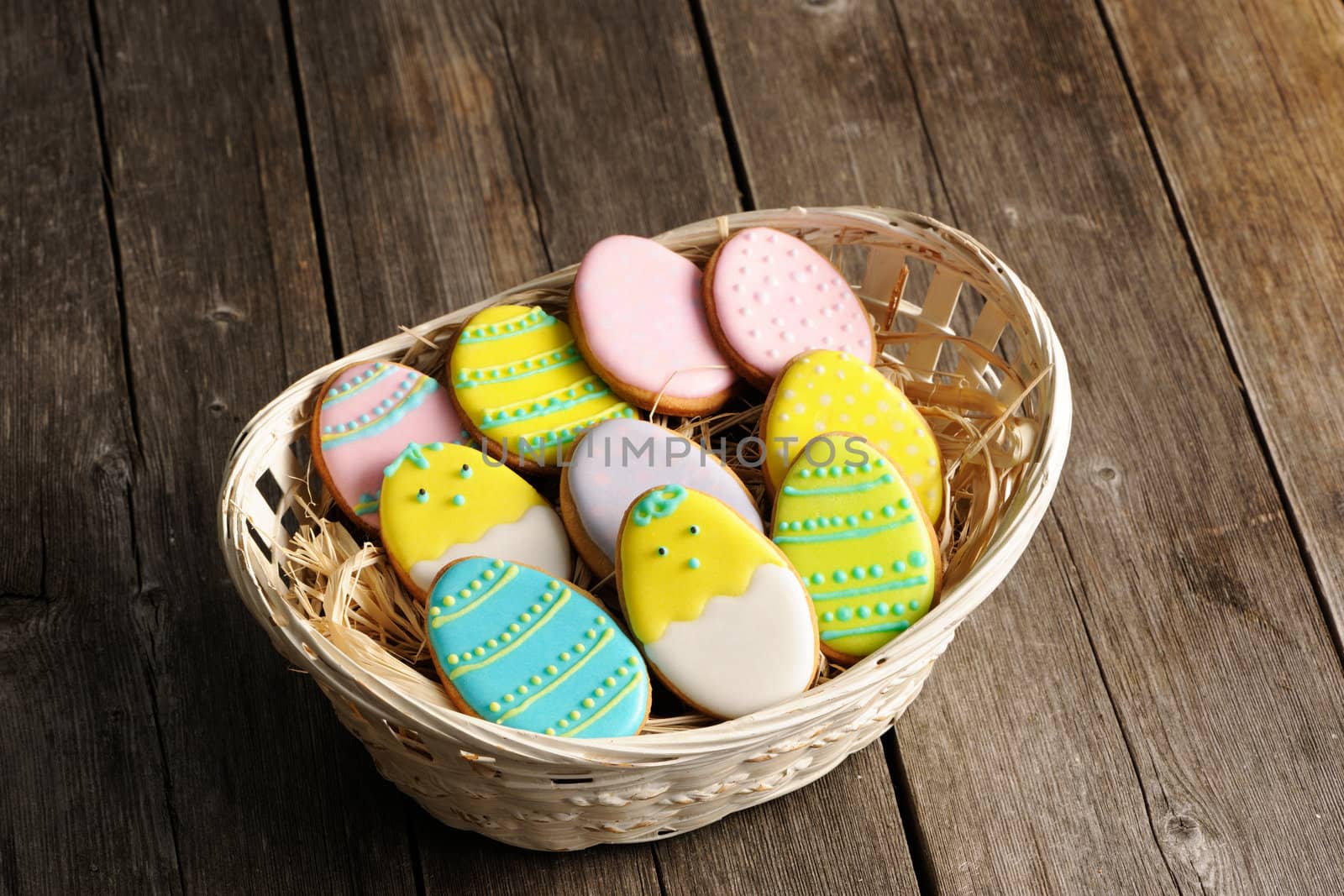 Easter homemade gingerbread cookie over wooden table