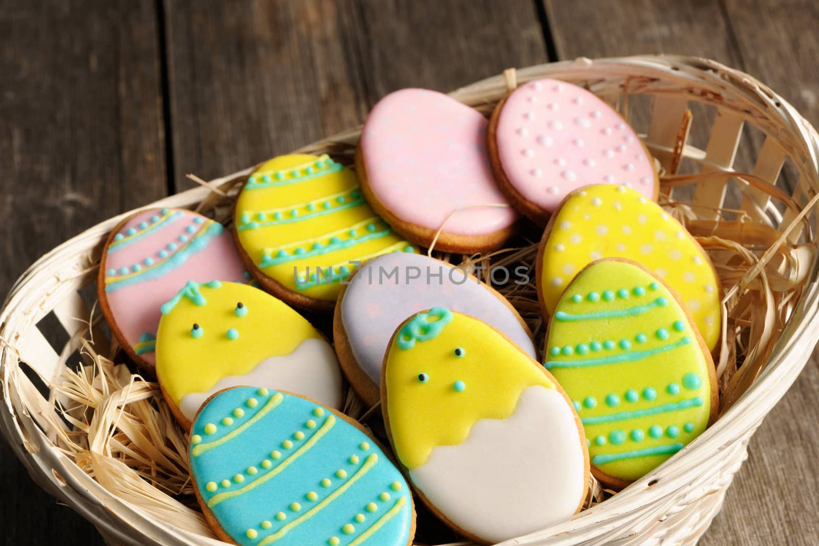 Easter homemade gingerbread cookie over wooden table