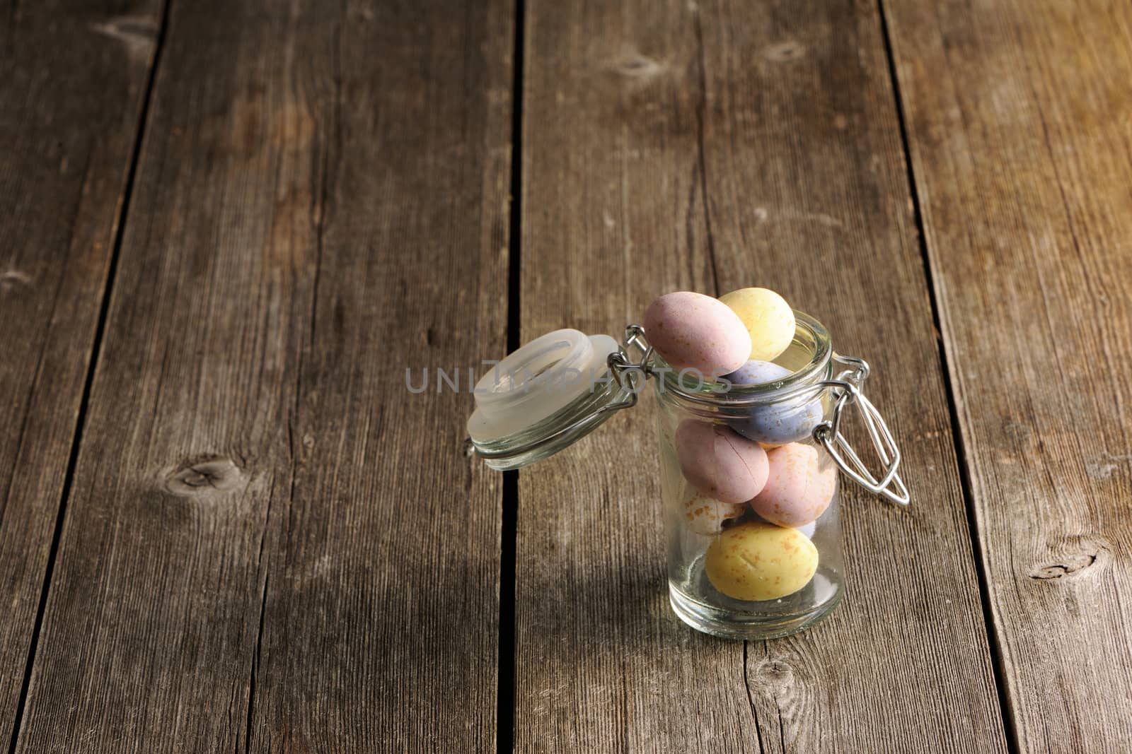 Colored easter eggs on table
