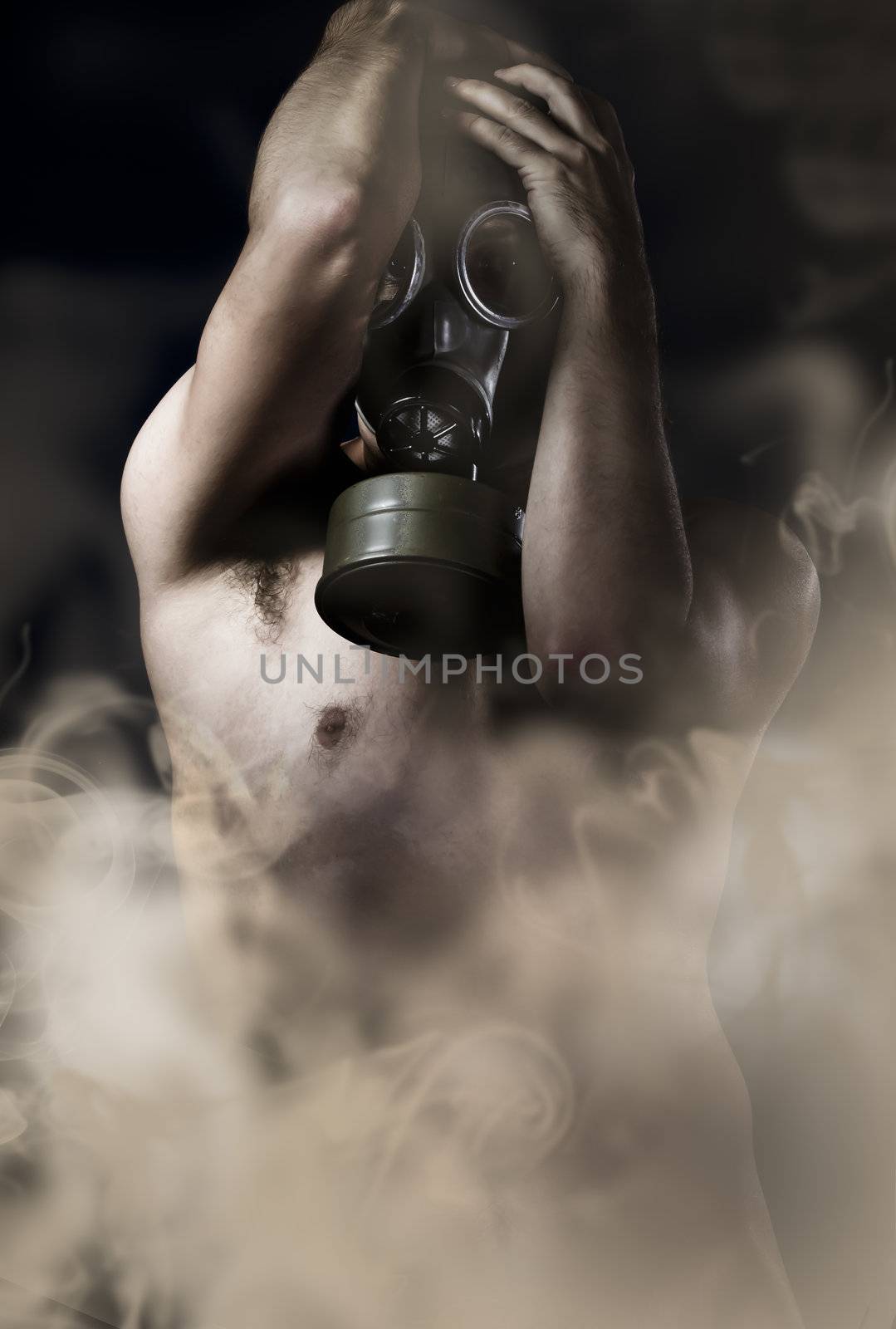 Suffering, naked man with gas mask, retro