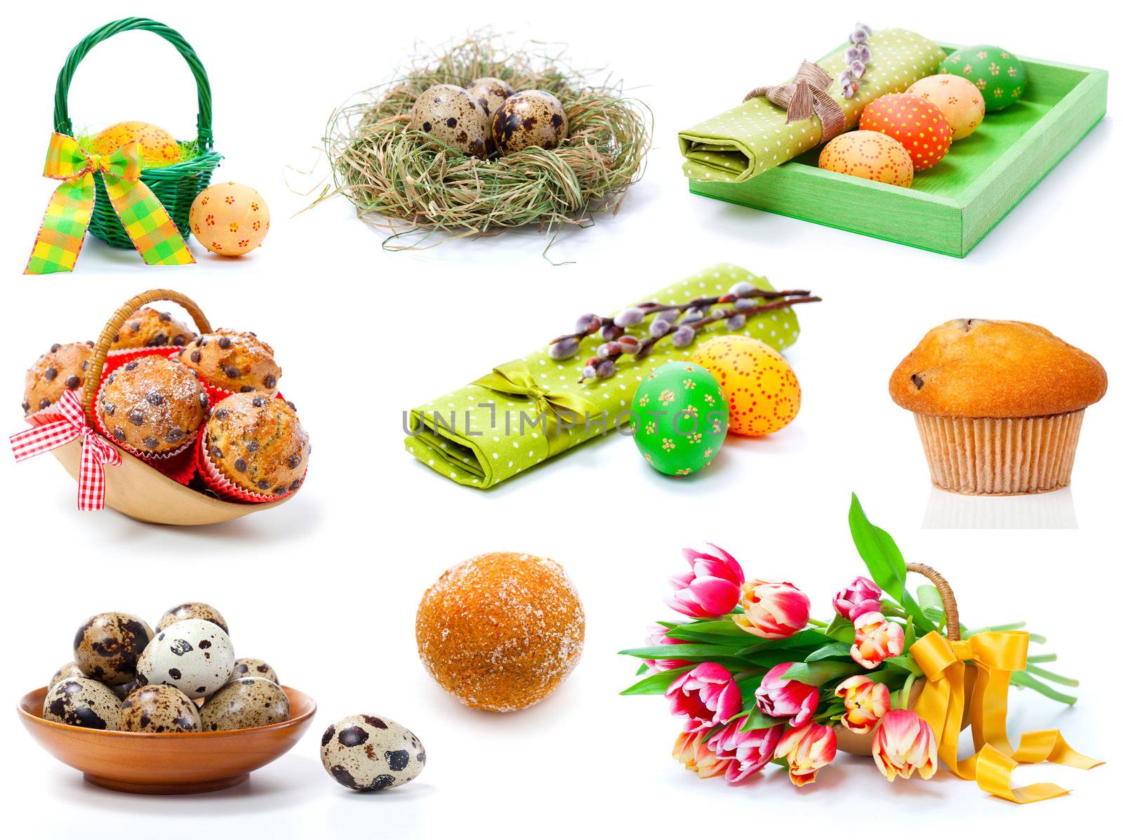 set of  tulips, painted easter eggs, muffins and Quail eggs. on a white background