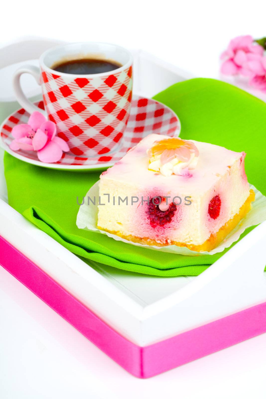 raspberry cake with coffee cup, in a tray for breakfast. by motorolka