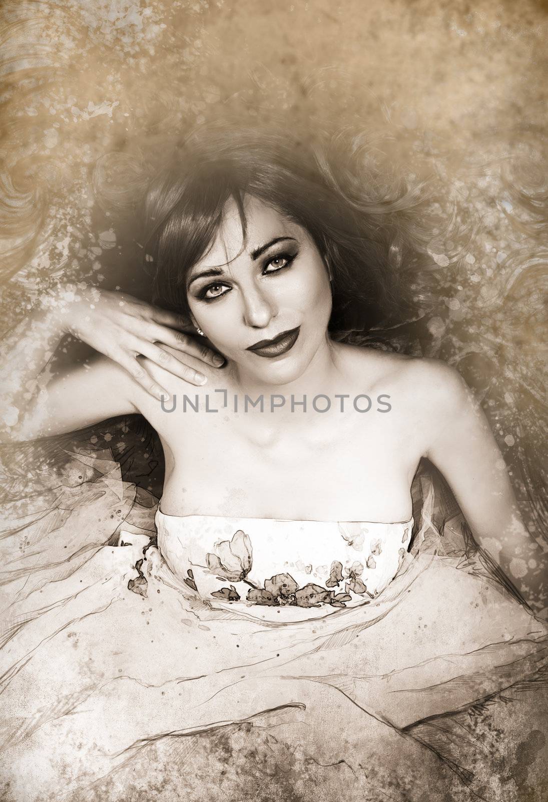 Beautiful Woman in Luxury dress. Sepia Toned.Vintage Style