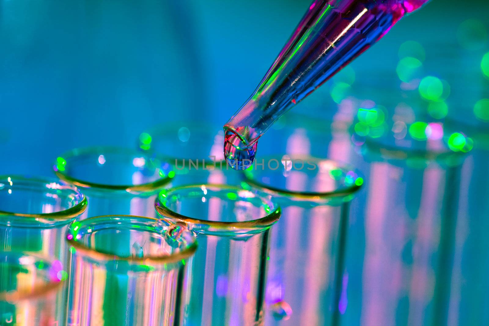 Pipette adding fluid to one of several test tubes