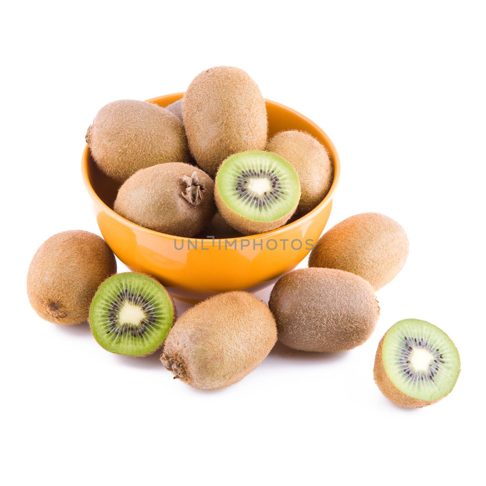 Fresh kiwi fruits in porcelain bowl isolated on white