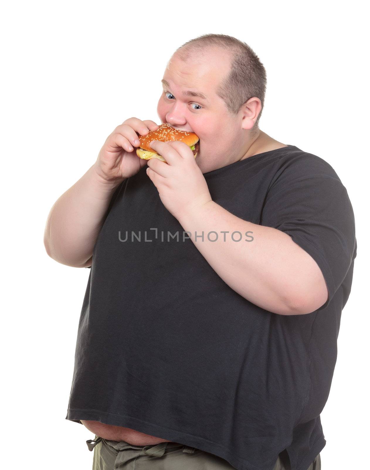 Fat Man Greedily Eating Hamburger by Discovod