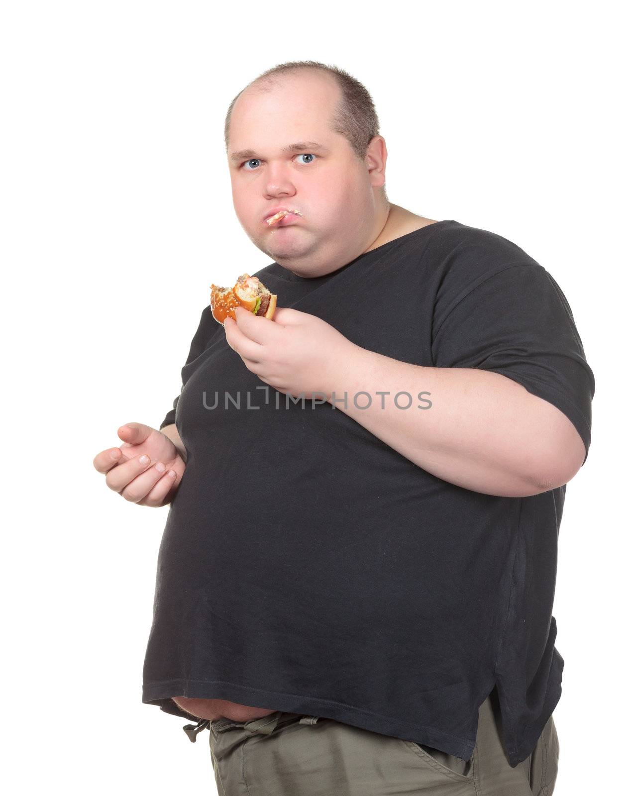 Fat Man Greedily Eating Hamburger, on white background