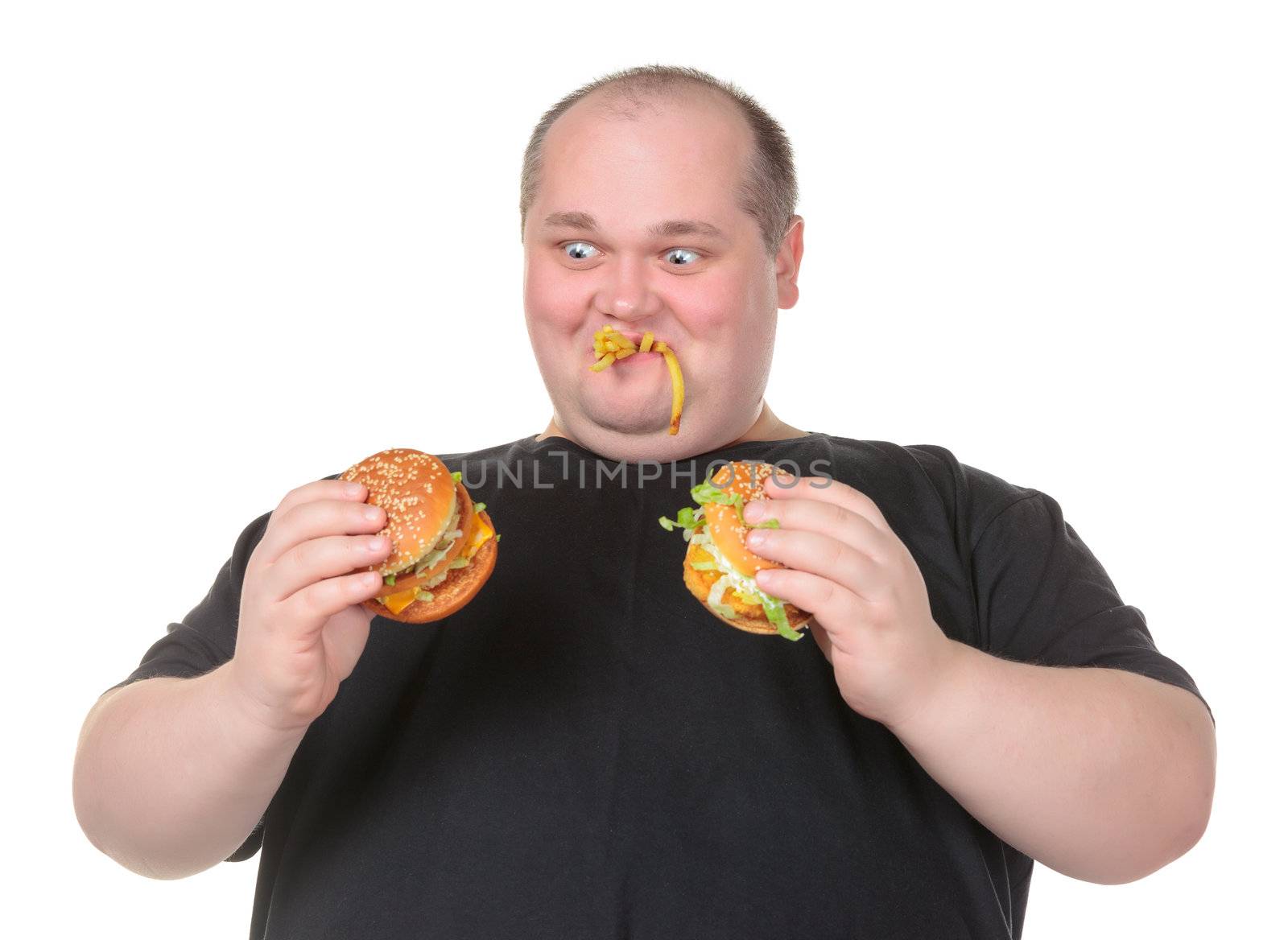 Fat Man Looks Lustfully at a Burger, on white background