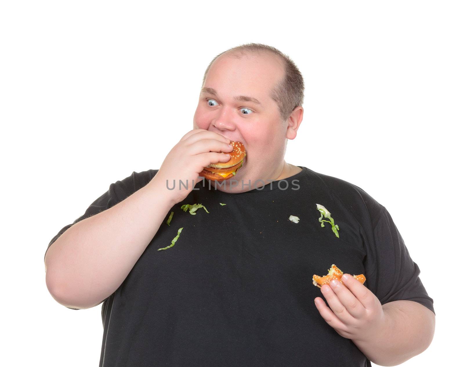 Fat Man Greedily Eating Hamburger, on white background