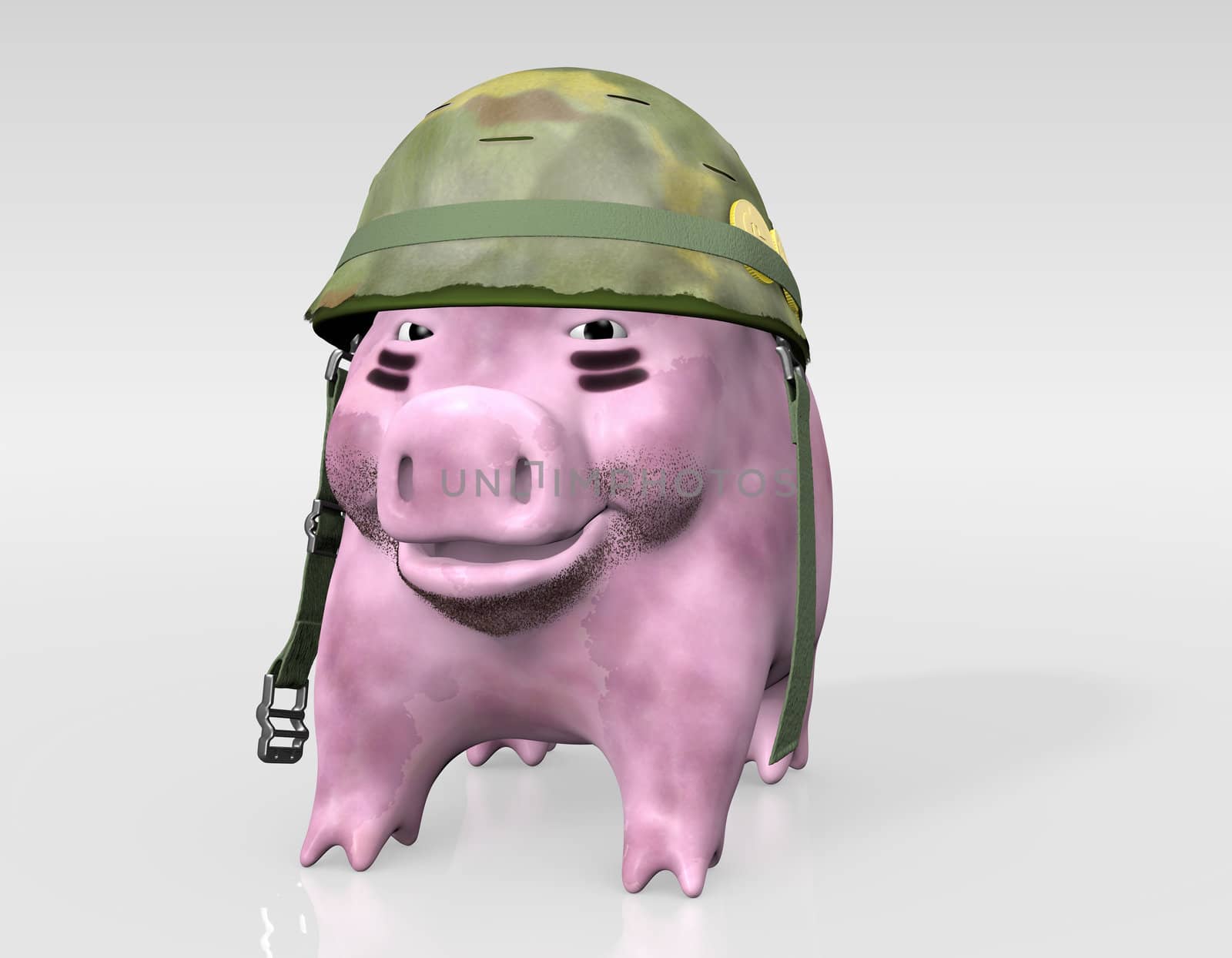 a closeup of a dirty pink piggy bank with a unfastened mimetic helmet on his head and some short beard that is looking the camera with a sly expression