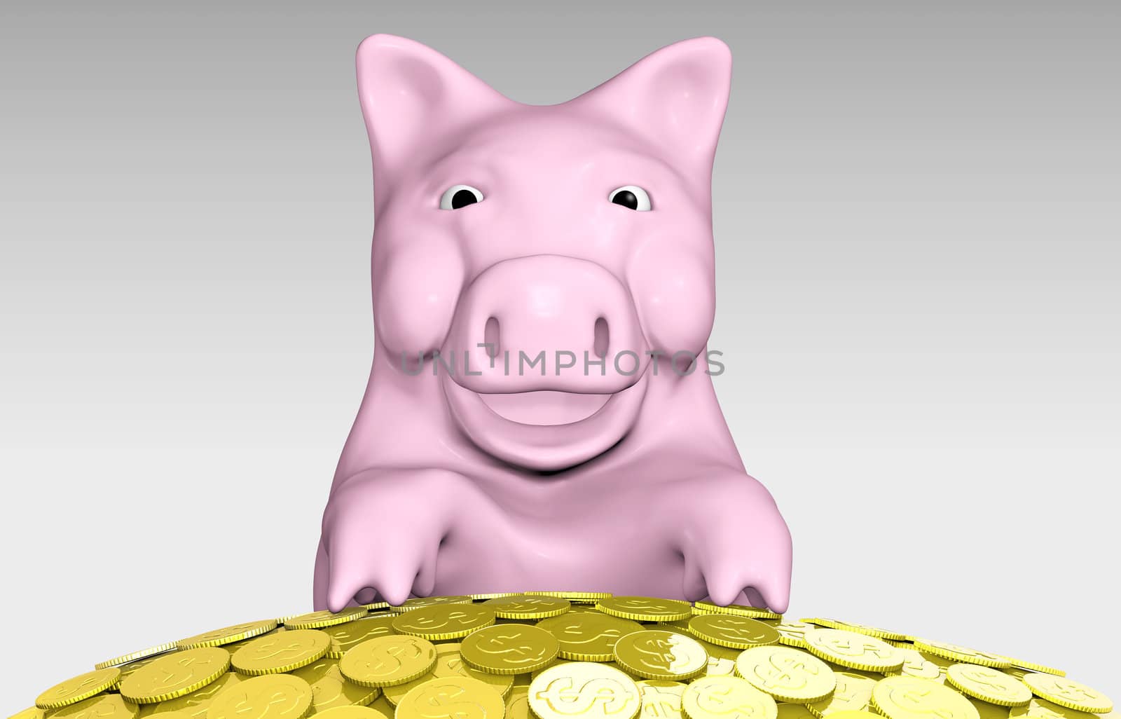 a close up of a smiling pink piggy bank with its front paws that are resting on top of a pile of golden coins