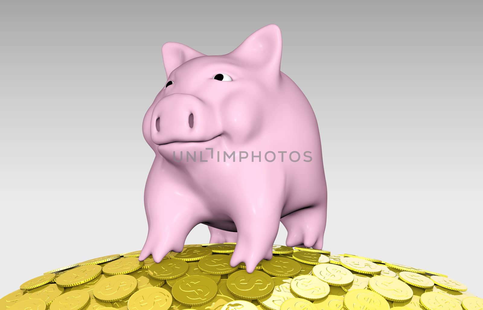 a close up of a pink piggy bank that is on top of a pile of golden coins with a confident expression for something that stands in front of him